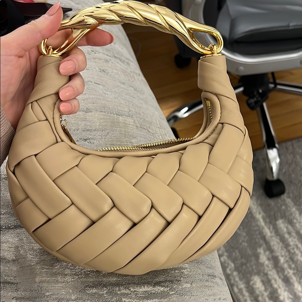 JW PEI Orla Weave Crescent Shoulder Bag in Beige with Gold Handle